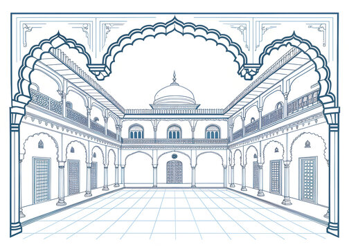 Haveli courtyard with arches and jharokhas, line-based minimal vector