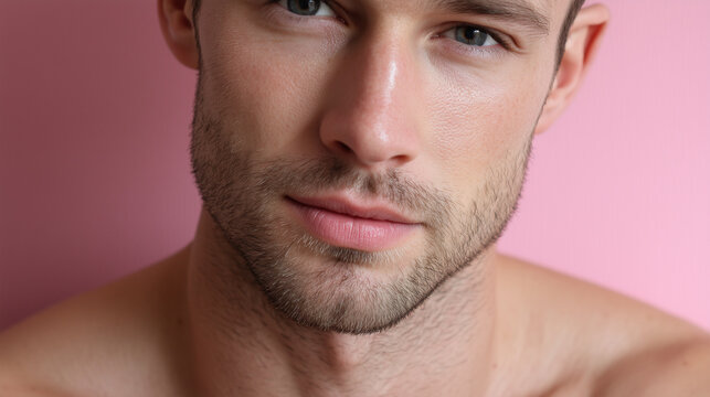 Young man close up portrait with soft natural shadows on skin and gentle expression against pink background
