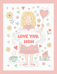 Woman with heart balloon holding a sign, Love You, Mom. Cute design for Mother&rsquo;s Day greeting card, party decor, banner, ad campaign.
