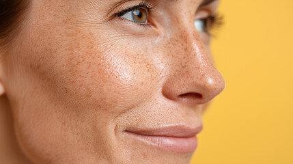 Naklejka premium Close up portrait of freckled woman with subtle oily glow and realistic pores on warm yellow background, natural skin texture and soft expression