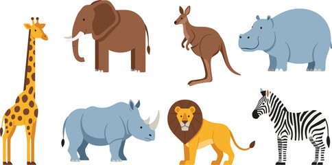African Safari Animals Illustration Set with Lion Elephant Giraffe Zebra Rhino Kangaroo and Hippopotamus Wildlife Collection for Kids Education and Nature Design © Selim Studio