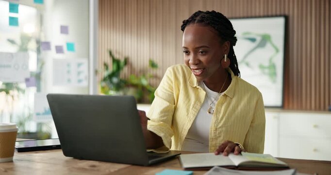 Laptop, notebook and black woman in office with statistics for finance report with budget planning. Computer, research and African financial manager with investment proposal with charts in workplace.