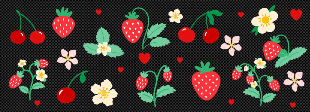 Strawberry coquette heart and cherry illustration sticker with icon fruit vector. Girl plant vintage and cute set floral with bush simple graphic. Berry strawberry leaf and print cherry