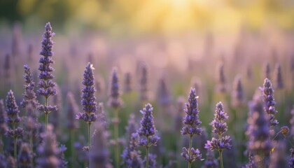 Obraz premium Lavender flowers growing in a field during sunset with light shining through