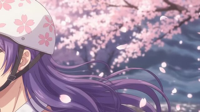 Male character with long purple hair wearing a white helmet rides through a cherry blossom park, petals swirling in the air, capturing the essence of springtime beauty
