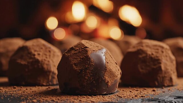 Dark Chocolate Truffles Dusted with Cocoa Powder Resting on a Slate Surface with Soft Bokeh Lights in the Background