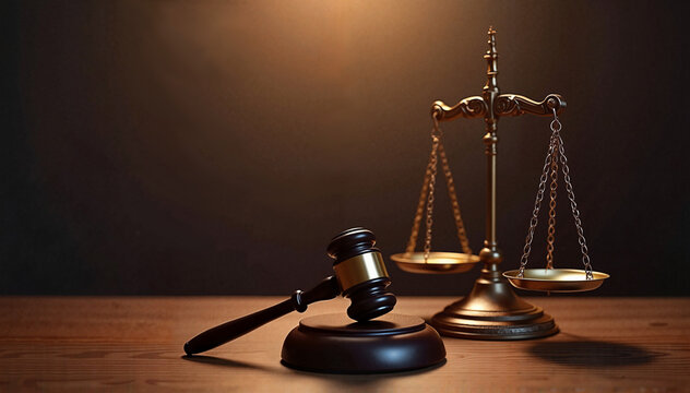 Richterhammer und Waage der Gerechtigkeit in w&uuml;rdevoller ernster Stimmung symbolisieren Rechtsprechung auf Holztisch vor dunklem Hintergrund (Hintergrund mit Platz f&uuml;r Text)