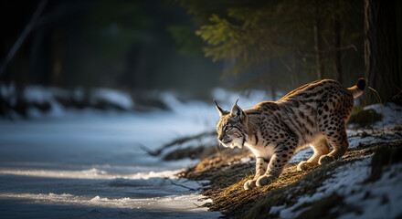 lynx on frozen river snowy forest