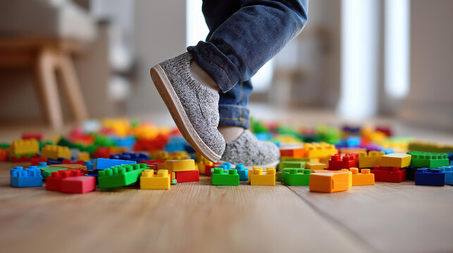 Foot shown stepping on colorful construction toy bricks, scattered floor playtime chaos highlighting, fun messy environment children created, household disorder moment, with copy