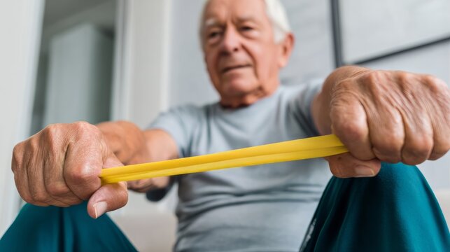 Senior man performing arm exercise with yellow resistance band. Fitness and healthy lifestyle for elderly in physical therapy rehabilitation.