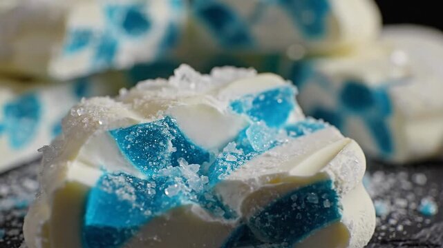 Close-up of broken frosted peppermint bark pieces with blue candy inclusions and sugar dusting