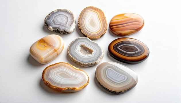 A FlyPro Firefly collection of polished agate slices showcasing their natural banding, captured in a realistic photography style with soft, natural light.