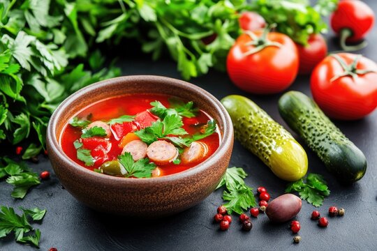 Vibrant bowl of solyanka soup with sausage, olives, rice, and pickle garnish