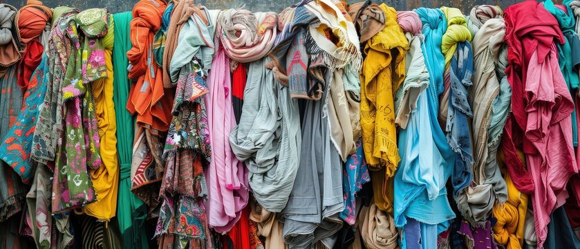 Colorful used clothes prepared for textile recycling. Sustainable fashion, circular economy, waste reduction, reuse concept and environmental responsibility.