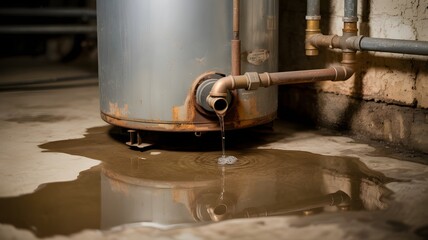 Water Heater Leak Damage, Home Plumbing Maintenance Issue, Basement Flood Repair Concept