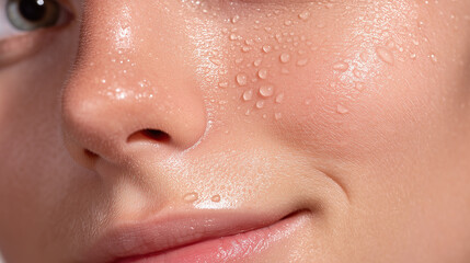 Fototapeta premium Glowing cheek with tiny water droplets and dewy skin texture, close up of moisturized facial skin and subtle smile showcasing healthy complexion and hydration