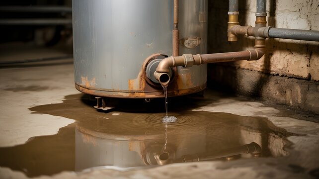 Water Heater Leak Damage, Home Plumbing Maintenance Issue, Basement Flood Repair Concept