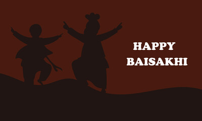 Happy Baisakhi Punjabi Festival Silhouette Banner. Festive  of Punjabi dancers celebrating Baisakhi with  bunting and traditional ,perfect for harvest festival greetings and cultural promotions.