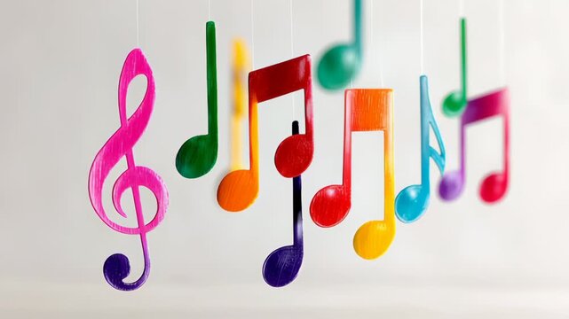 Colorful musical notes hanging in a row, showcasing a vibrant display of various shapes and colors against a soft, neutral background for artistic decoration