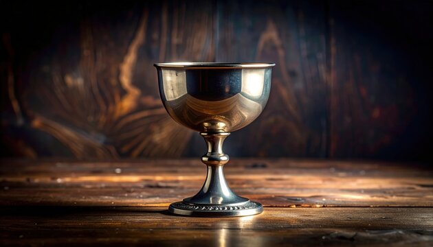 A professional camera shot of an empty, tarnished silver goblet reflecting distorted light with a faint watermark inside its bowl, captured using the FlyPro_Firefly technique.