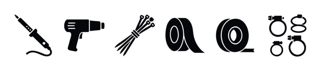 Essential tools and supplies set featuring a soldering iron, heat gun, cable ties, electrical tape, and hose clamps for various repair, maintenance, and DIY projects