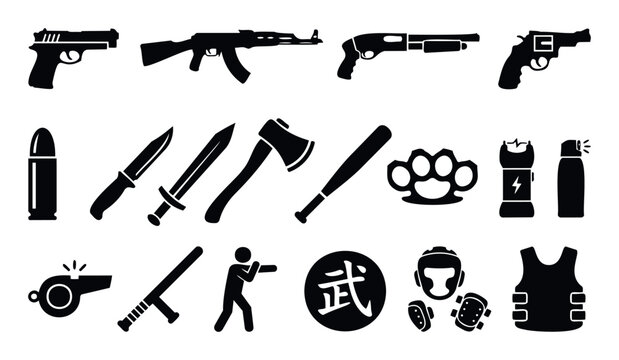 Comprehensive set of weapon, selfdefense, and protection equipment icons suitable for security applications, martial arts training concepts, and danger awareness designs