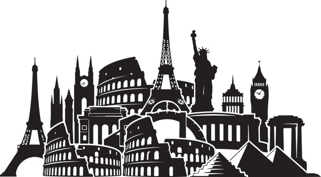 Famous landmarks and monuments of the world in silhouette