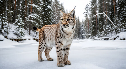 Obraz premium lynx on frozen river snowy forest