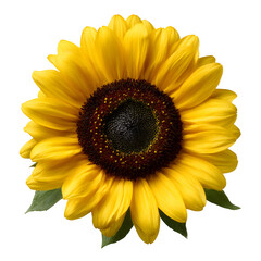 A vibrant yellow sunflower with dark center and green leaves, Transparent background PNG, overhead view of a single flower