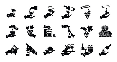 Fototapeta premium Diverse set of wine production and serving icons depicting hands holding glasses, pouring bottles, harvesting grapes, pressing fruit, and offering, suitable for winery branding or