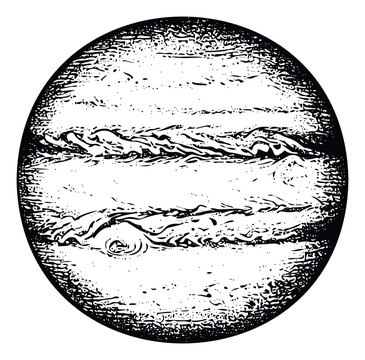 Abstract black and white planet illustration featuring distinct bands and swirling atmospheric elements suitable for science education materials, space themed branding, and astrological
