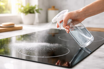 Hand spraying cleaner on a shiny kitchen countertop surface