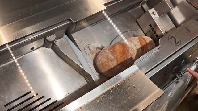 16 february 2026, Aachen, Germany. Lidl discounter store. Elderly woman putting a bread in a bread cutting machine, select and push a button. The machine starts cutting bread, in slices. Cheap superma