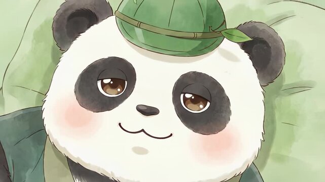 Cute cartoon panda character with a green hat smiles while lying on a soft pillow, showcasing a playful and relaxed demeanor in a cozy setting
