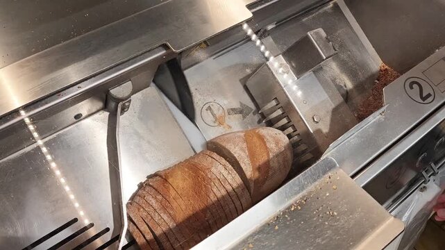 16 february 2026, Aachen, Germany. Lidl discounter store. Elderly woman putting a bread in a bread cutting machine, select and push a button. The machine starts cutting bread, in slices. Cheap superma