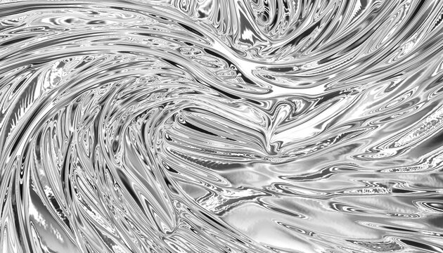 Abstract monochrome background texture featuring swirling patterns of highly reflective liquid chrome or molten metal creating dynamic warped light reflections and futuristic waves