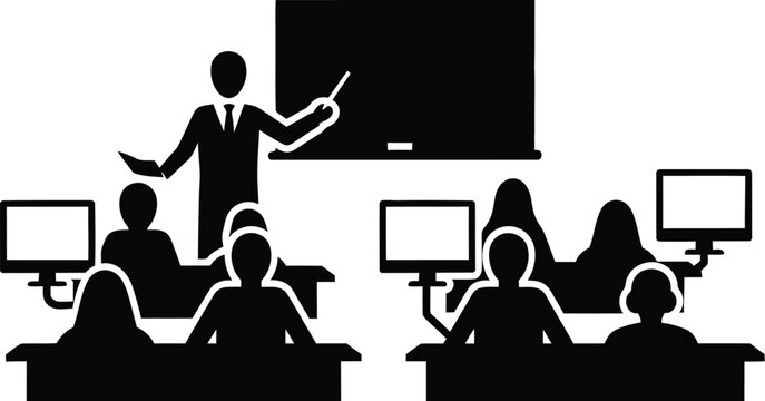 Teacher leading lecture in computer lab classroom with students