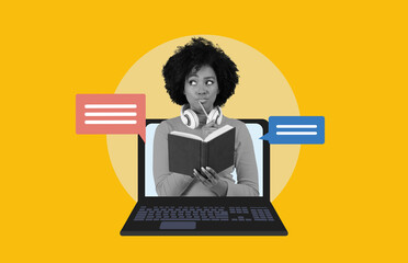 A person is reading a book while sitting in front of a laptop with headphones. There are two speech...