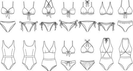 Hand drawn bikini and one piece swimsuit set, women swimwear collection outline vector illustration isolated on white background fashion design © MstMousumi
