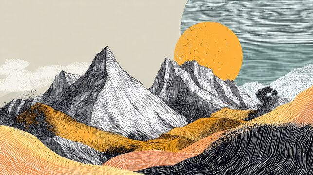 Hand-drawn abstract mountain line art in contemporary minimalist style