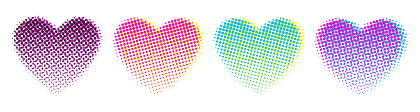 Set of CMYK halftone hearts, printing color separation, retro vintage analog vector illustration with color shift effect. Love symbols