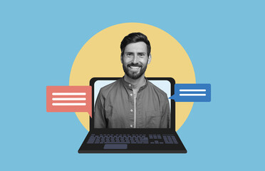 A person sits in front of a laptop showing a smiling face. Speech bubbles appear on the screen....