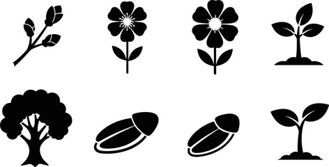 Collection of black and white icons representing nature and growth stages © Vitechek