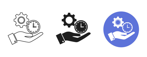 Time management icons: hand holding clock and gear set in black and blue variations