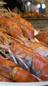 close up of river prown grilled in asian street market