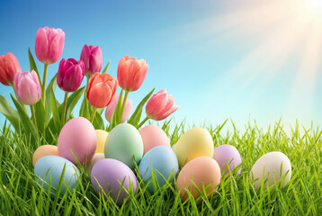 Colorful Easter Eggs with Pink Tulips in Spring Grass. Easter Background