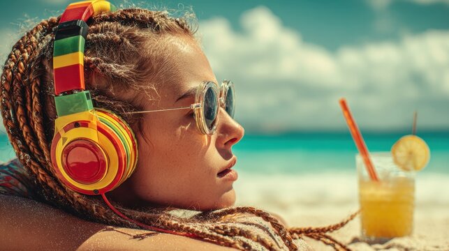 Woman with dreadlocks enjoying reggae music on beach