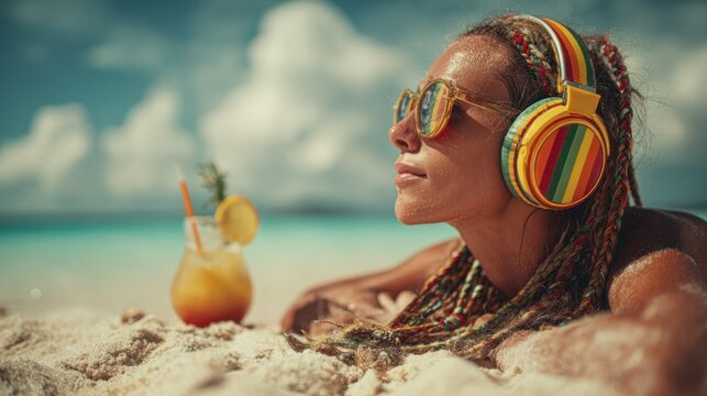 Woman relaxing beach listening music through headphones