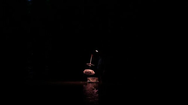 Traditional Fisherman Net Casting at Night in Batam Island Indonesia 4K