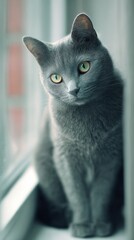 Russian blue cat sitting by window, looking at camera